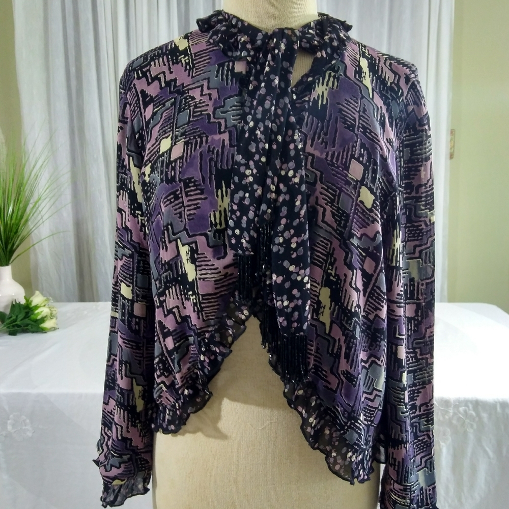 Carole Little ruffle neckline top with bugle bead